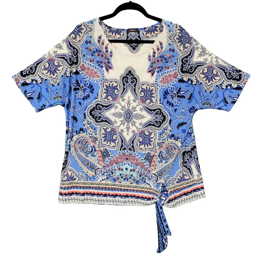 COCOMO Blue Paisley Tie Hem Stretch Dolman Top Artsy Boho Vacation SIZE XL